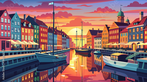 Very beautiful sunrise scene at Nyhavn canal in Copenhagen, Denmark, where colorful historic buildings meet soft morning light, creating a peaceful and iconic Scandinavian city view.