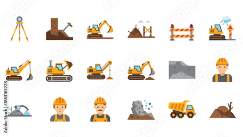 Construction Equipment and Workers Flat Icons Set Vector Illustration. EPS Editable