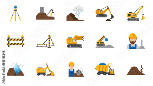 Construction site equipment and worker flat icons set. EPS Editable