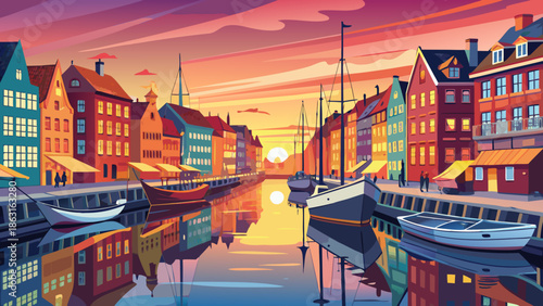 Very beautiful sunrise scene at Nyhavn canal in Copenhagen, Denmark, where colorful historic buildings meet soft morning light, creating a peaceful and iconic Scandinavian city view.