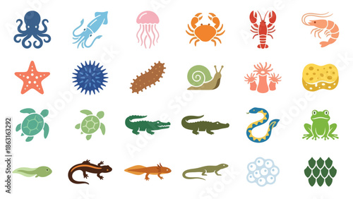Diverse Collection of Aquatic and Reptilian Animals in Flat Design Style. EPS Editable