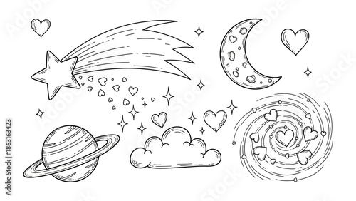 Celestial Dreamscape: A captivating illustration, depicting the cosmos in an ethereal and dreamy style, with a comet trailing a shower of hearts.