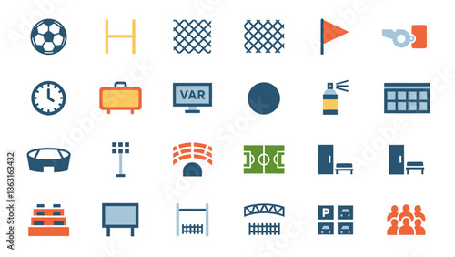 Football and Soccer Match Day Equipment and Stadium Flat Icons Set. EPS Editable