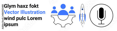 Teamwork, innovation, technology, communication, business growth, creativity. Blue gear with people icons, rocket microphone symbol. Team collaboration and innovation concept