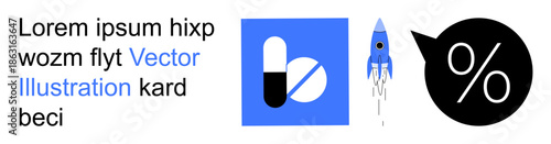 Healthcare branding, economic analysis, business growth, pharmaceutical industry, innovative finance, technology startup. A pill icon, rocket image and percentage symbol. Healthcare and economic