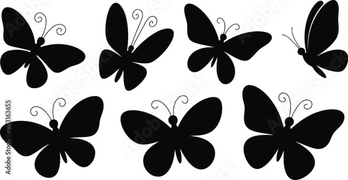 A collection of elegant black butterfly silhouettes with delicate antennae displayed on a clean white background