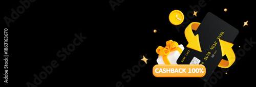 3d Bank credit card with gift box and clock, cashback concept. Horizontal banner for promotion. Stock vector illustration on black isolated background.