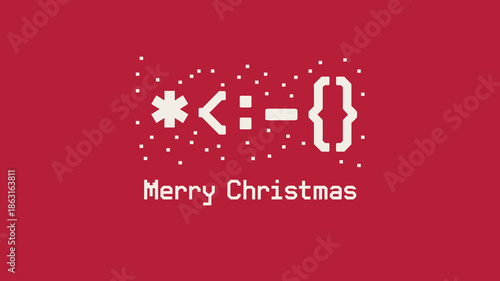Merry Christmas Greeting Card with Programmer Code Syntax Emoji Santa Claus on Red Background for Tech and Software Developers