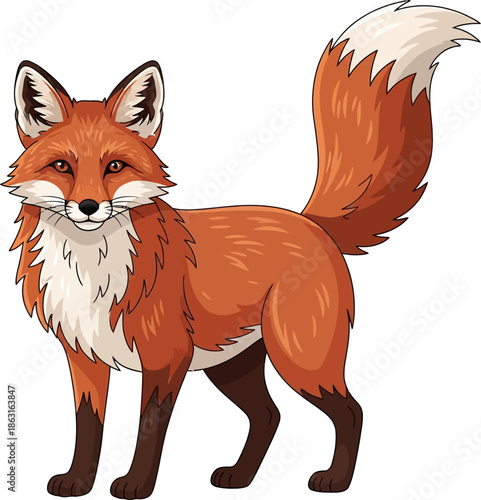 Charming Cartoon Red Fox Standing Alertly with Fluffy Tail Adorable Wildlife Illustration for Kids and Nature Projects