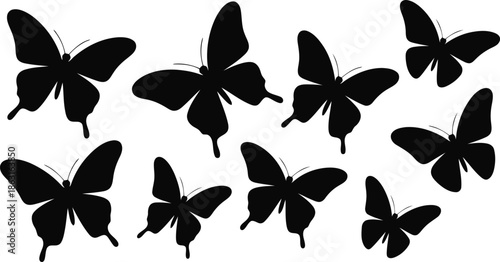 Several striking black butterfly shapes gracefully dance across an expansive bright white backdrop, creating visual interest