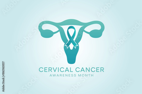 Cervical Cancer Awareness Month Teal Ribbon Icon With Anatomical Uterus Illustration For Women Healthcare Education And Medical Screening Ads