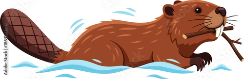 Cute Cartoon Beaver Swimming with Branch in Mouth
