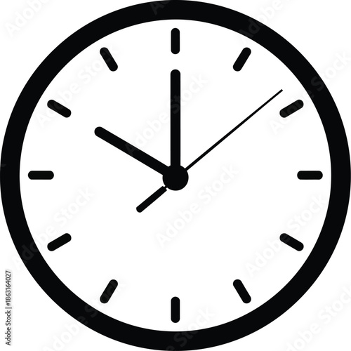 A minimalistic black and white analog clock icon with hands indicating the time on a plain white background.