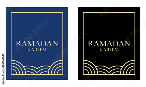Elegant Ramadan Kareem Poster Design with Golden Frame and Wave Patterns for Festive Celebration