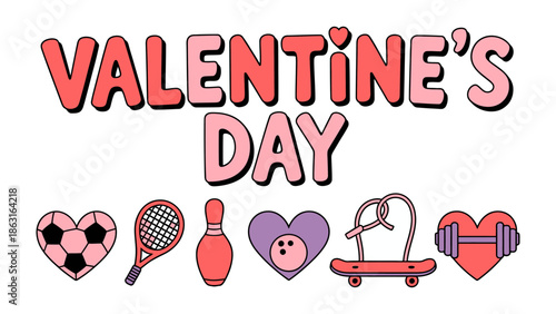 Valentine's Day Sports and Hearts: A playful design captures the essence of love and leisure, interweaving hearts with sports equipment to create a vibrant celebration.