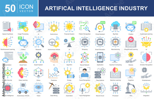 Artificial Intelligence Industry Icon Collection Set. Featuring automation, data science, machine learning, robotics, autonomous systems, and future digital technology. Simple vector illustration