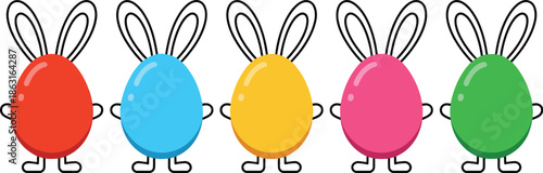 Set of Five Colorful Easter Egg Bunny Characters with Long Ears and Tiny Feet on White Background, Minimalist Spring Holiday Vector Graphic for Kids Marketing