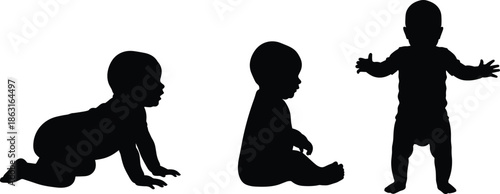Black silhouette of a baby in different growth stages including crawling, sitting, and standing isolated on a white background vector.