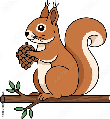 Cute Cartoon Squirrel Holding a Pinecone Perched on a Tree Branch