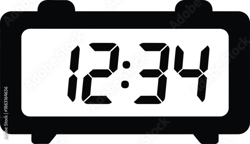 A black and white icon illustration of a digital alarm clock displaying the time 12:34