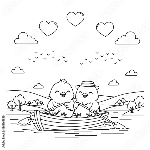 Valentine's Day | love and romance Europe Two cute chicks in a rowboat with oars and hearts above