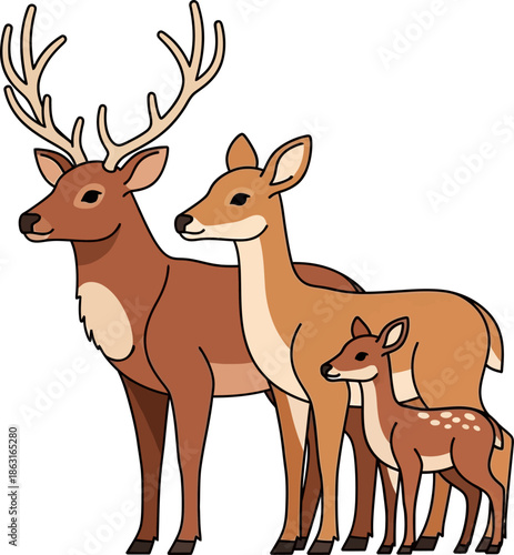 Charming Vector Illustration of a Deer Family Majestic Stag Doe and Fawn in Harmony