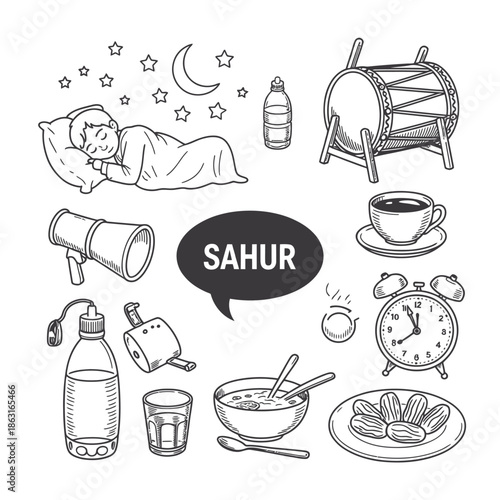 sahur time hand drawn doodle elements collection, ramadan pre dawn meal symbols, islamic food and lifestyle icons, sketch style vector illustrations, isolated on white background.