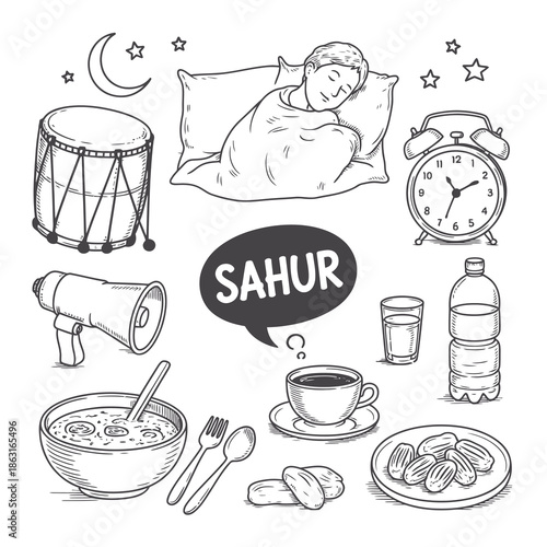 sahur time doodle illustration pack, hand drawn ramadan pre dawn meal elements, islamic food and culture symbols, sketch style vector icons, isolated on white background.