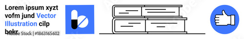 Education, healthcare, communication, approval, knowledge, and decision-making. Books stacked, capsules icon thumbs-up symbol. Education and healthcare concept