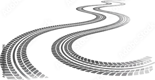 Winding tire track marks in perspective, black rubber tire prints isolated on white background, vector illustration
