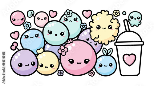 Kawaii-Style Illustration: A charming, vibrant illustration features a collection of adorable, smiling characters, alongside hearts and a delightful drink container.
