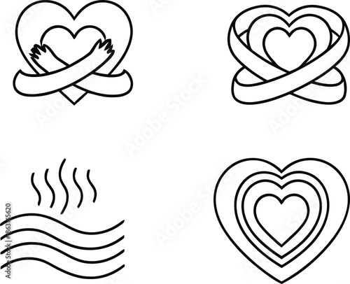 heart shaped icons with ribbons and waves