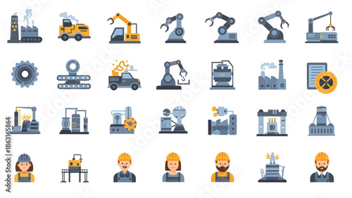 Industrial Factory and Manufacturing Process Flat Icons Set. EPS Editable