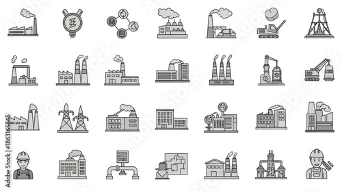 Industrial Factory and Power Plant Doodle Icons Set for Manufacturing and Energy Production. EPS Editable