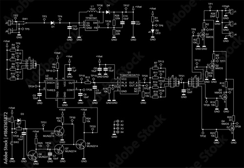 Schematic diagram of digital electronic device 
on paper sheet. Vector drawing electrical circuit with 
micro chip, resistor, integrated circuit, capacitor,
transistor, diode, inductor, led, other.