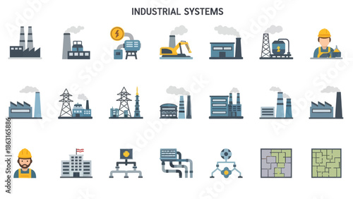 Industrial Systems Icons Set Factories Power Plants and Construction Elements. EPS Editable