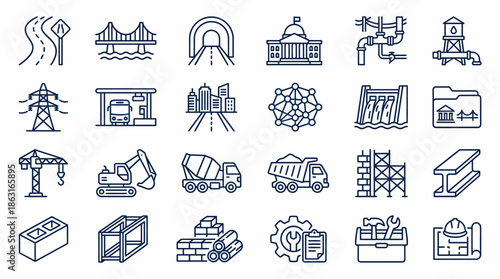 Infrastructure and Construction Line Icons Set Roads Bridges Buildings and Industrial Elements. EPS Editable