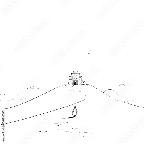 Person Walking Towards Ancient Temple on Hilltop at Sunset