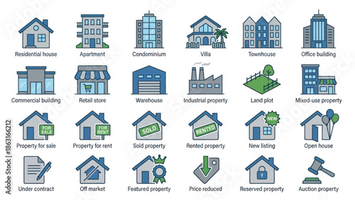 Real Estate and Property Icons Set Residential Commercial Industrial Buildings Land and Property Status. EPS Editable