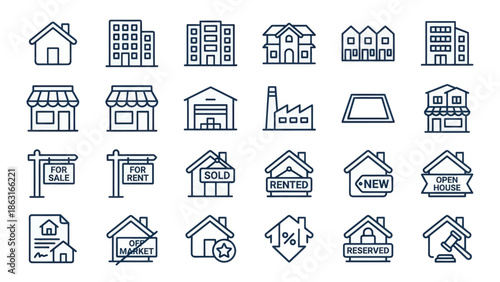Real Estate and Property Line Icons Set Houses Buildings Shops and Commercial Properties with Sale Rent Sold and New Status Indicators. EPS Editable