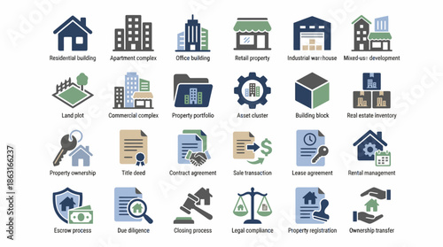 Real Estate and Property Management Icon Set for Business and Legal Services. EPS Editable
