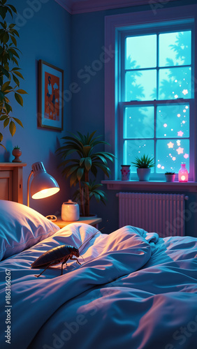 Large cockroach on a white bedsheet in a bedroom at night. Vertical illustration of an insect on a bed with neon cyan and orange lighting. Pest infestation and cockroach control concept