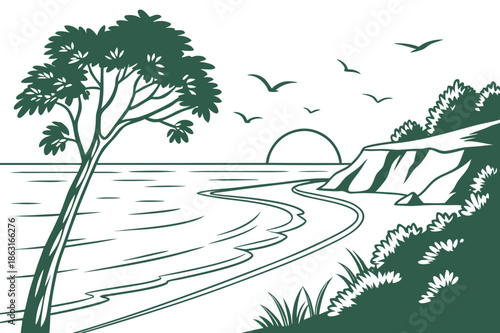 Minimalist flat vector illustration of a tranquil sea and coastline at sunset with birds flying