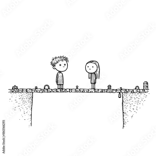 Couple Standing on Cliff Edge in Black and White Cartoon Style