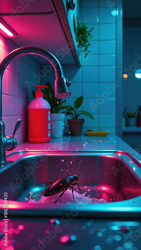 Vertical shot of a cockroach in a stainless steel kitchen sink with neon pink and teal lighting. Pest control and infestation concept. Glowing insect on soapy foam