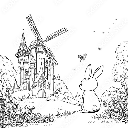 Rabbit Watching Butterfly near Windmill in Garden