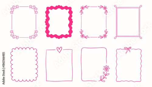 Set of Hand-Drawn Pink Doodle Frames and Borders with Floral and Heart Details, on for Creative Design