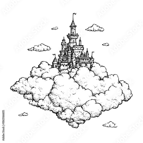 Fantasy Castle on Clouds with Spires and Towers