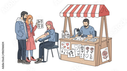 Tattoo Shop Scene: A bustling scene at a tattoo shop, as a customer gets inked under the watchful eye of a couple, with the artist at work, creating a vibrant display of body art.