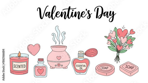 Valentine's Day Illustration: a romantic collection of essentials, each element adding a touch of romance to the day. The arrangement captures the essence of love and sentimentality.